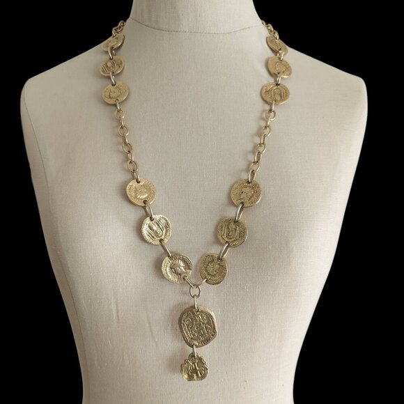 Vintage Roman Coin Cross Gold Medallion Lariat Bib Necklace Chunky Chain Link - Picture 2 of 13